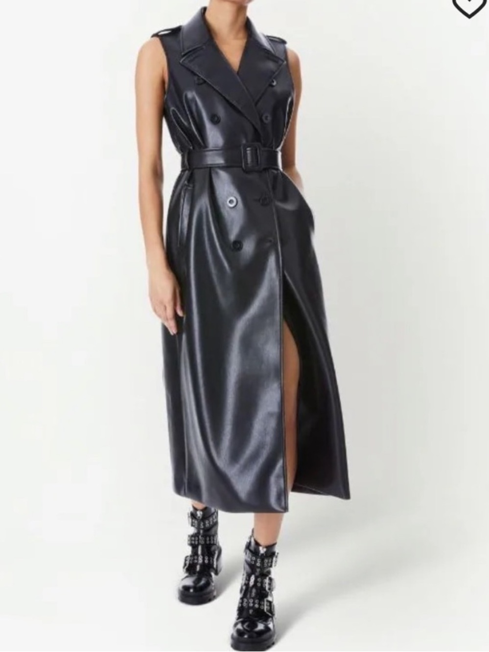 NWT Alice + Olivia Black Belted Conan Leather Trench vest Midi Dress Sz S